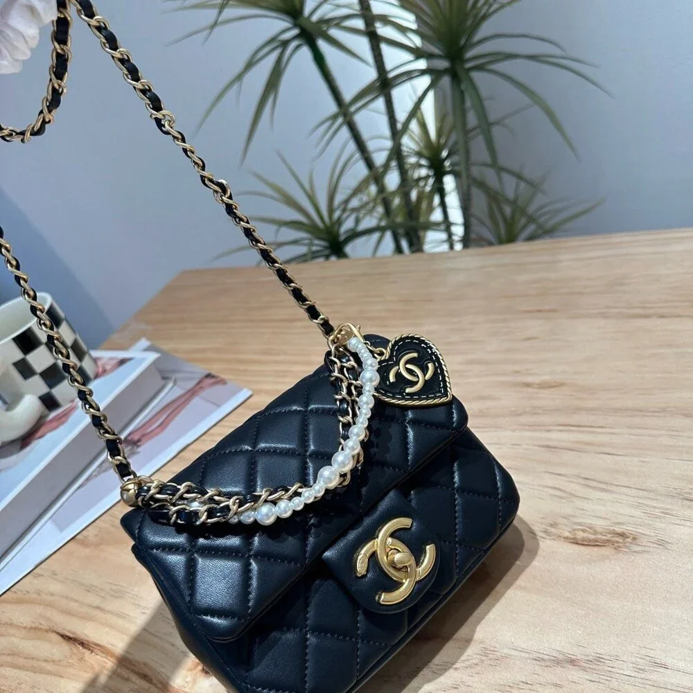 CHANEL MINI SQUARE FLAP BAG WITH PEARL CHAIN